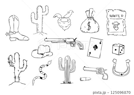 Wild west sketch set with vintage cowboy hat, gan. Desert elements cactus, sand, snake. Line hand drawn lucky horseshoe.  125096870