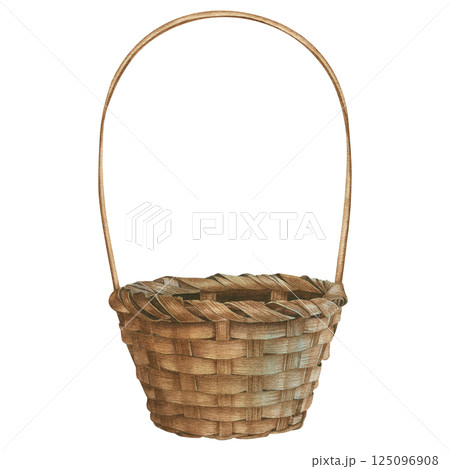 Wicker round basket with handle. For flowers, food, home decoration and cosmetics. Hand drawn watercolor illustration on isolated background. For creating postcards, Spa, weddings, Easter decor Wicker round basket with handle. For flowers, food, home decoration and cosmetics. Hand drawn watercolor illustration on isolated background. For creating postcards, Spa, weddings, Easter decor 125096908