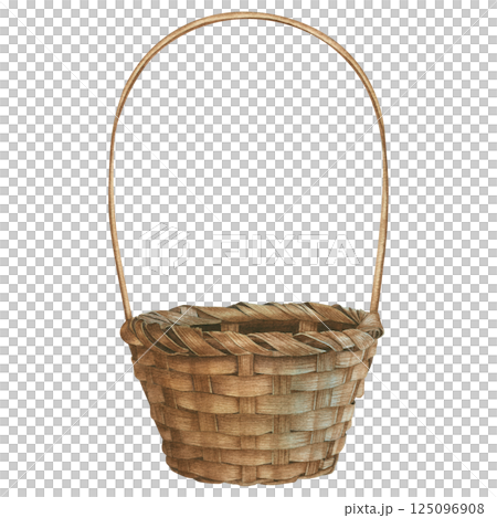 Wicker round basket with handle. For flowers, food, home decoration and cosmetics. Hand drawn watercolor illustration on isolated background. For creating postcards, Spa, weddings, Easter decor Wicker round basket with handle. For flowers, food, home decoration and cosmetics. Hand drawn watercolor illustration on isolated background. For creating postcards, Spa, weddings, Easter decor 125096908
