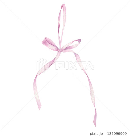 Pink satin ribbon bow with hanging loop. Hand drawn watercolor illustration of gorgeous stripe on isolated background. Drawing of ornate textile tape for polygraphy, planner, sticker, decor, gifts Pink satin ribbon bow with hanging loop. Hand drawn watercolor illustration of gorgeous stripe on isolated background. Drawing of ornate textile tape for polygraphy, planner, sticker, decor, gifts 125096909