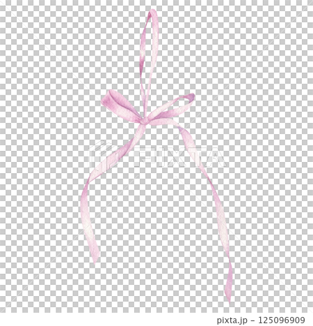 Pink satin ribbon bow with hanging loop. Hand drawn watercolor illustration of gorgeous stripe on isolated background. Drawing of ornate textile tape for polygraphy, planner, sticker, decor, gifts Pink satin ribbon bow with hanging loop. Hand drawn watercolor illustration of gorgeous stripe on isolated background. Drawing of ornate textile tape for polygraphy, planner, sticker, decor, gifts 125096909