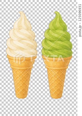 香草和抹茶軟冰淇淋的水彩插圖,裝在蛋筒裡 香草和抹茶軟冰淇淋的水彩插圖,裝在蛋筒裡 125096931