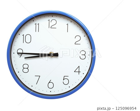 Wall clock with blue frame showing 8.45 08.45 or 20.45 O clock  on white background, suitable for time related articles, education, or punctuality concepts 125096954