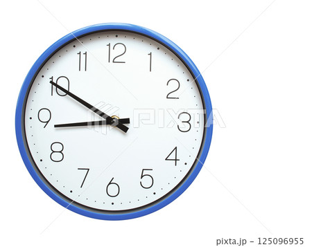 Wall clock with blue frame showing 8.50 08.50 or 20.50 O clock  on white background, suitable for time related articles, education, or punctuality concepts 125096955