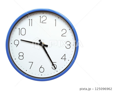 Wall clock with blue frame showing 9.25 09.25 or 21.25 O clock  on white background, suitable for time related articles, education, or punctuality concepts 125096962