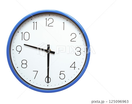 Wall clock with blue frame showing 9.30 09.30 or 21.30 O clock on white background, suitable for time related articles, education, or punctuality concepts Wall clock with blue frame showing 9.30 09.30 or 21.30 O clock on white background, suitable for time related articles, education, or punctuality concepts 125096963