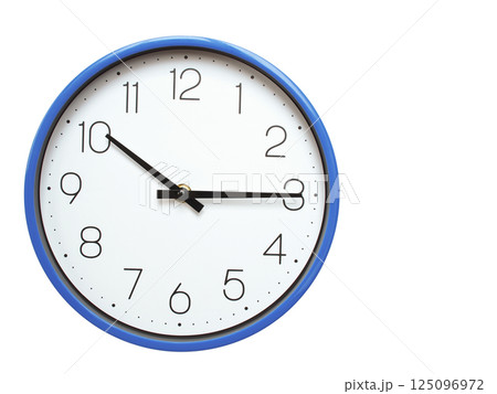 Wall clock with blue frame showing 10.15 10.15 or 22.15 O clock  on white background, suitable for time related articles, education, or punctuality concepts 125096972