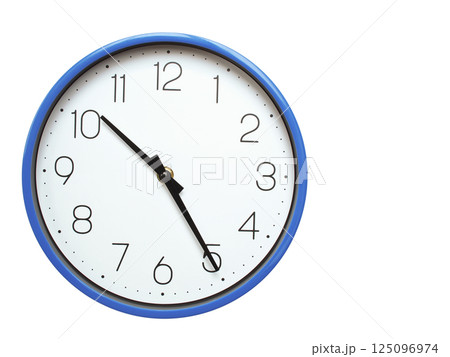 Wall clock with blue frame showing 10.25 10.25 or 22.25 O clock  on white background, suitable for time related articles, education, or punctuality concepts 125096974