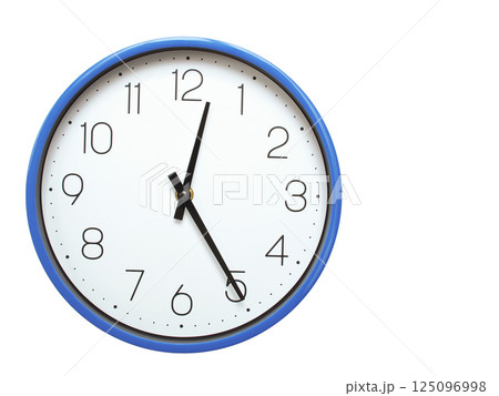 Wall clock with blue frame showing 12.25 00.25 or 12.25 O clock  on white background, suitable for time related articles, education, or punctuality concepts 125096998