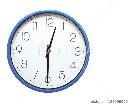 Wall clock with blue frame showing 12.30 00.30 or 12.30 O clock on white background, suitable for time related articles, education, or punctuality concepts Wall clock with blue frame showing 12.30 00.30 or 12.30 O clock on white background, suitable for time related articles, education, or punctuality concepts 125096999