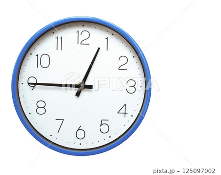 Wall clock with blue frame showing 12.45 00.45 or 12.45 O clock  on white background, suitable for time related articles, education, or punctuality concepts 125097002