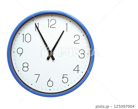 Wall clock with blue frame showing 12.55 00.55 or 12.55 O clock on white background, suitable for time related articles, education, or punctuality concepts Wall clock with blue frame showing 12.55 00.55 or 12.55 O clock on white background, suitable for time related articles, education, or punctuality concepts 125097004