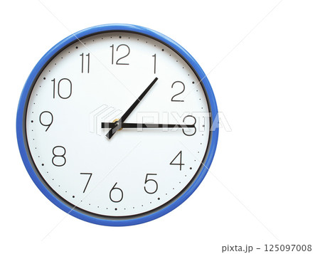 Wall clock with blue frame showing 1.15 01.15 or 13.15 O clock on white background, suitable for time related articles, education, or punctuality concepts Wall clock with blue frame showing 1.15 01.15 or 13.15 O clock on white background, suitable for time related articles, education, or punctuality concepts 125097008