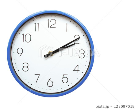 Wall clock with blue frame showing 2.10 02.10 or 14.10 O clock on white background, suitable for time related articles, education, or punctuality concepts Wall clock with blue frame showing 2.10 02.10 or 14.10 O clock on white background, suitable for time related articles, education, or punctuality concepts 125097019