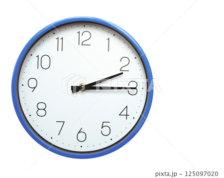Wall clock with blue frame showing 2.15 02.15 or 14.15 O clock on white background, suitable for time related articles, education, or punctuality concepts Wall clock with blue frame showing 2.15 02.15 or 14.15 O clock on white background, suitable for time related articles, education, or punctuality concepts 125097020