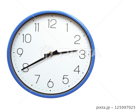 Wall clock with blue frame showing 2.40 02.40 or 14.40 O clock  on white background, suitable for time related articles, education, or punctuality concepts 125097025