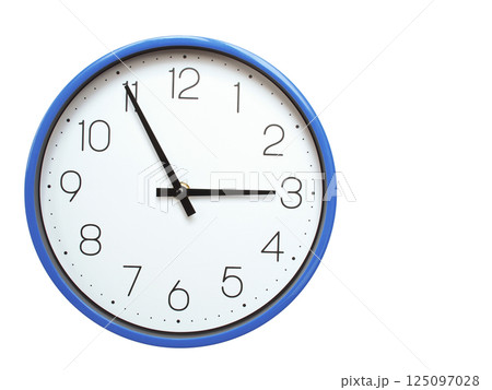 Wall clock with blue frame showing 2.55 02.55 or 14.55 O clock  on white background, suitable for time related articles, education, or punctuality concepts 125097028