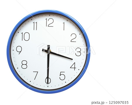 Wall clock with blue frame showing 3.30 03.30 or 15.30 O clock  on white background, suitable for time related articles, education, or punctuality concepts 125097035