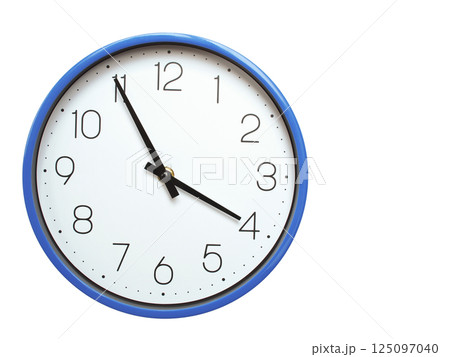 Wall clock with blue frame showing 3.55 03.55 or 15.55 O clock on white background, suitable for time related articles, education, or punctuality concepts Wall clock with blue frame showing 3.55 03.55 or 15.55 O clock on white background, suitable for time related articles, education, or punctuality concepts 125097040
