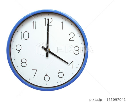 Wall clock with blue frame showing 4.00 04.00 or 16.00 O clock on white background, suitable for time related articles, education, or punctuality concepts Wall clock with blue frame showing 4.00 04.00 or 16.00 O clock on white background, suitable for time related articles, education, or punctuality concepts 125097041