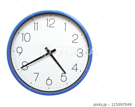 Wall clock with blue frame showing 4.40 04.40 or 16.40 O clock on white background, suitable for time related articles, education, or punctuality concepts Wall clock with blue frame showing 4.40 04.40 or 16.40 O clock on white background, suitable for time related articles, education, or punctuality concepts 125097049