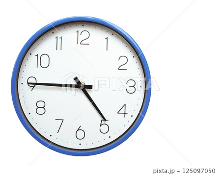 Wall clock with blue frame showing 4.45 04.45 or 16.45 O clock on white background, suitable for time related articles, education, or punctuality concepts Wall clock with blue frame showing 4.45 04.45 or 16.45 O clock on white background, suitable for time related articles, education, or punctuality concepts 125097050