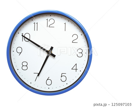Wall clock with blue frame showing 6.50 06.50 or 18.50 O clock on white background, suitable for time related articles, education, or punctuality concepts Wall clock with blue frame showing 6.50 06.50 or 18.50 O clock on white background, suitable for time related articles, education, or punctuality concepts 125097103