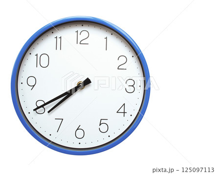 Wall clock with blue frame showing 7.40 07.40 or 19.40 O clock on white background, suitable for time related articles, education, or punctuality concepts Wall clock with blue frame showing 7.40 07.40 or 19.40 O clock on white background, suitable for time related articles, education, or punctuality concepts 125097113