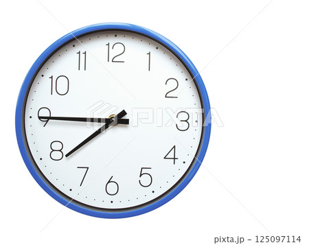 Wall clock with blue frame showing 7.45 07.45 or 19.45 O clock  on white background, suitable for time related articles, education, or punctuality concepts 125097114