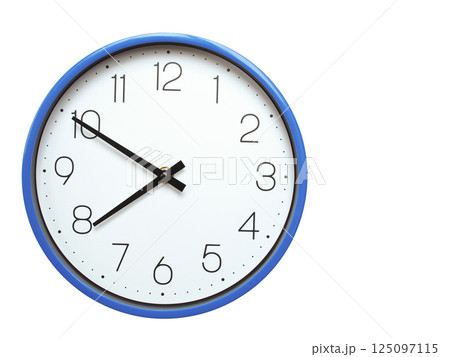 Wall clock with blue frame showing 7.50 07.50 or 19.50 O clock on white background, suitable for time related articles, education, or punctuality concepts Wall clock with blue frame showing 7.50 07.50 or 19.50 O clock on white background, suitable for time related articles, education, or punctuality concepts 125097115