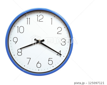 Wall clock with blue frame showing 8.20 08.20 or 20.20 O clock  on white background, suitable for time related articles, education, or punctuality concepts 125097121
