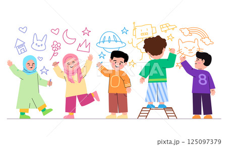 Diverse kids scribble doodling drawing on wall together with group of children friends creativity school kindergarten elementary 125097379