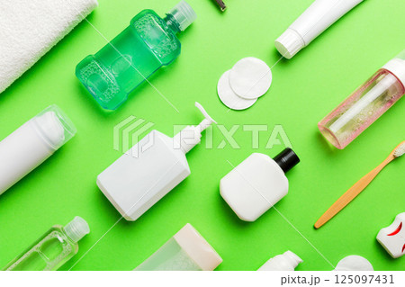 Mockup for bathing products top view flat lay, spa razor, toothpaste, soap, gel and other various accessories. Cosmetics for skin health. Bath Mockup for your logo Mockup for bathing products top view flat lay, spa razor, toothpaste, soap, gel and other various accessories. Cosmetics for skin health. Bath Mockup for your logo 125097431