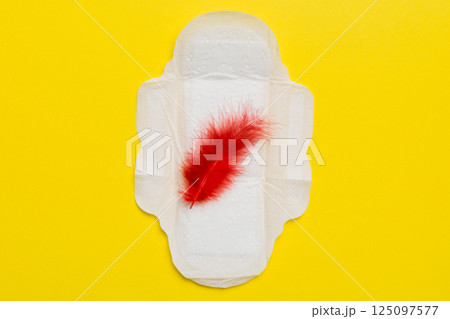 Women hygiene products or Sanitary pad with red feather on colored background. Pastel color. Closeup. Empty place for text. Female daily hygiene 125097577