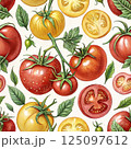 Seamless pattern with tomatoes in bright colors such as orange, green, red and yellow on a creamy white background.  125097612