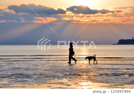 夕焼けに染まる材木座海岸で犬の散歩する人 夕焼けに染まる材木座海岸で犬の散歩する人 125097994