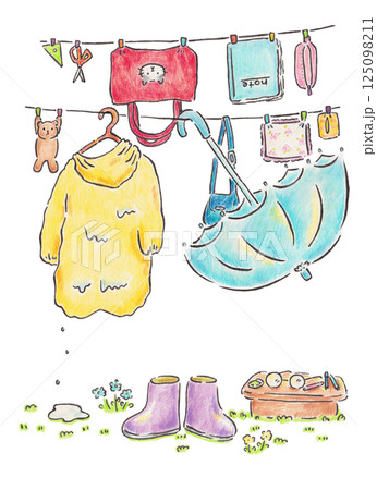 雨で濡れたものを乾かしているイラスト 雨で濡れたものを乾かしているイラスト 125098211