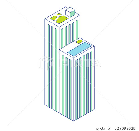 シンプルなビルのアイソメトリックイラスト。プールのある高層マンションのアイコン素材。 125098629