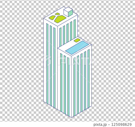 シンプルなビルのアイソメトリックイラスト。プールのある高層マンションのアイコン素材。 125098629