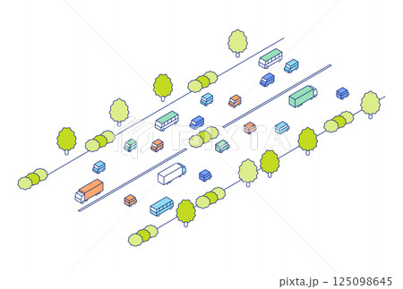アイソメトリックの道路のイラスト。自動車、トラック、バスが行き交う大道路。 アイソメトリックの道路のイラスト。自動車、トラック、バスが行き交う大道路。 125098645