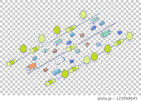 アイソメトリックの道路のイラスト。自動車、トラック、バスが行き交う大道路。 アイソメトリックの道路のイラスト。自動車、トラック、バスが行き交う大道路。 125098645