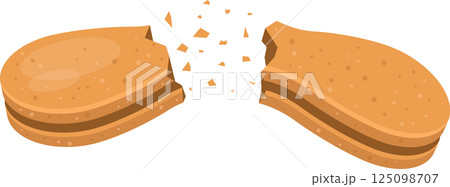 A layered cookie broken in half with crumbs floating in the air on a black background. Cartoon style. 125098707