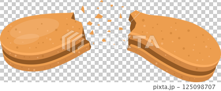 A layered cookie broken in half with crumbs floating in the air on a black background. Cartoon style. 125098707
