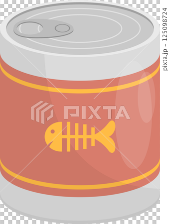 A cartoon illustration of a can, possibly of food, featuring a fish skeleton on the label. 125098724
