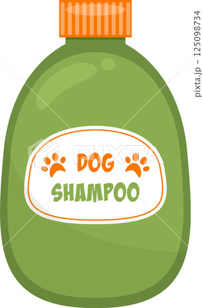 Cartoon-style, green bottle of shampoo for canines, with a orange cap and label with paw prints. 125098734