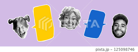 Conceptual art collage. Four expressive faces with yellow and blue speech bubbles on lilac background. Concept of diverse reactions Conceptual art collage. Four expressive faces with yellow and blue speech bubbles on lilac background. Concept of diverse reactions 125098746