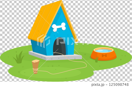 A cartoonish illustration of a dog house and a water bowl on a green lawn. A cartoonish illustration of a dog house and a water bowl on a green lawn. 125098748