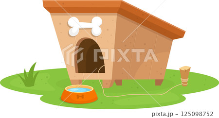 Cartoon dog house on a green lawn with a water bowl and a bone design above the entrance. 125098752
