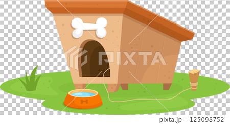 Cartoon dog house on a green lawn with a water bowl and a bone design above the entrance. 125098752