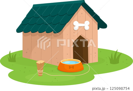 Illustration of a doghouse with a bone decoration, water bowl, and tether post on a grassy lawn. Illustration of a doghouse with a bone decoration, water bowl, and tether post on a grassy lawn. 125098754